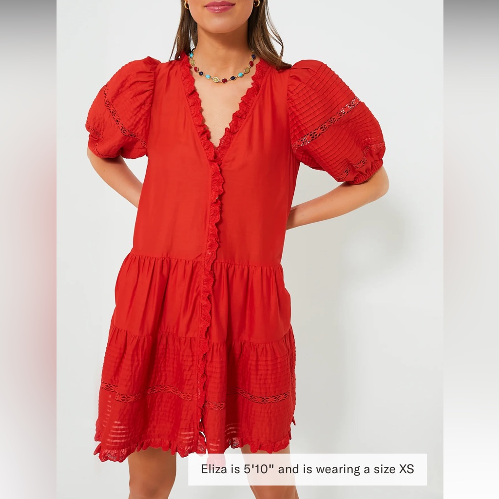 Sea New York Red Antonina Solid Cotton Puff Sleeve Dress